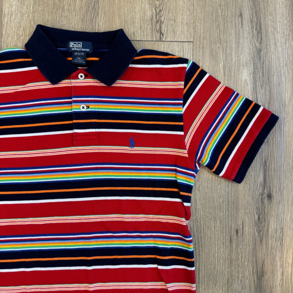 Vintage Polo Ralph Lauren Youth Medium Multi Color Stripe Short Sleeve Polo EUC